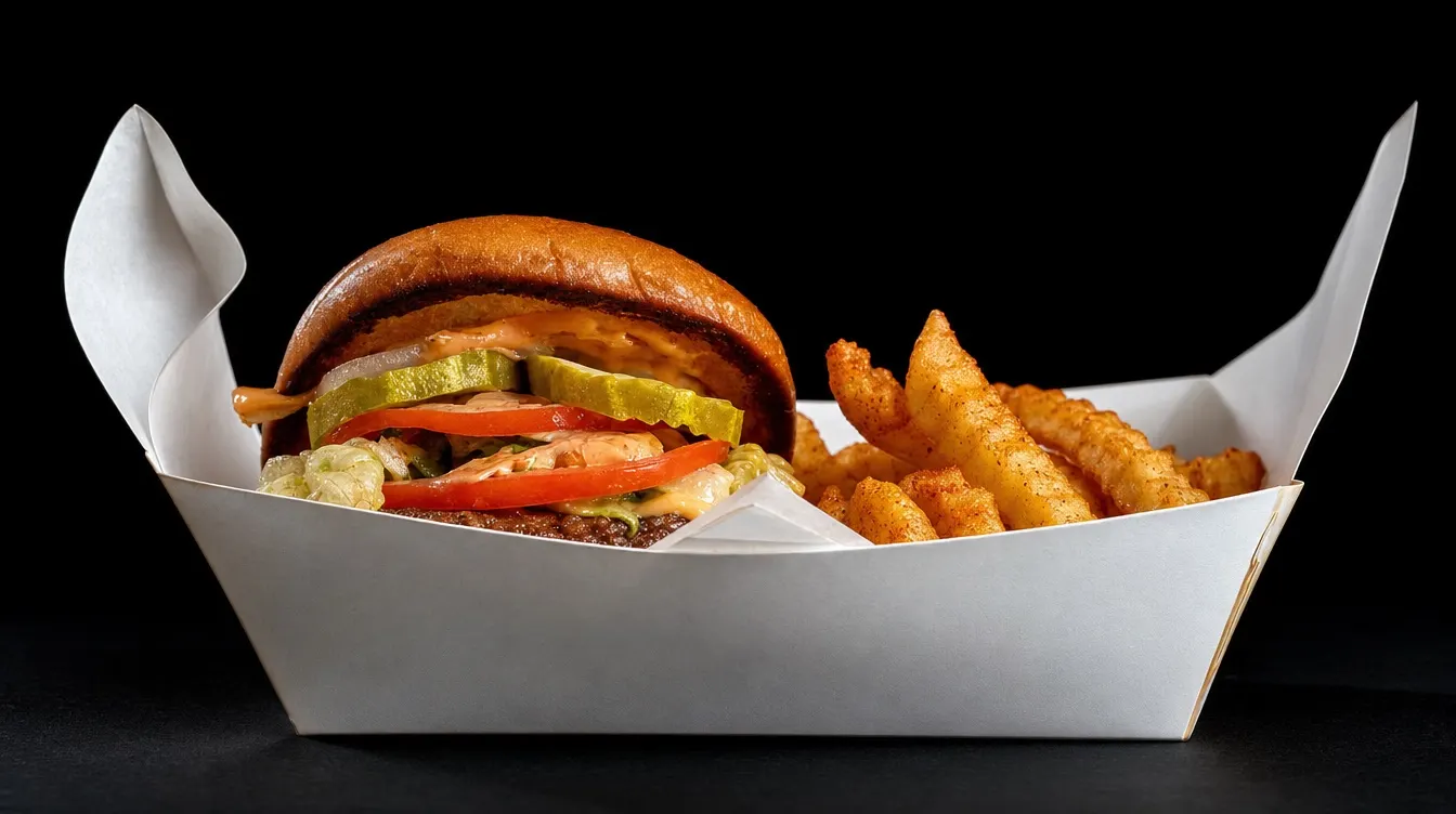 The WK burger and crinkle fries in a paper boat, shot low against black