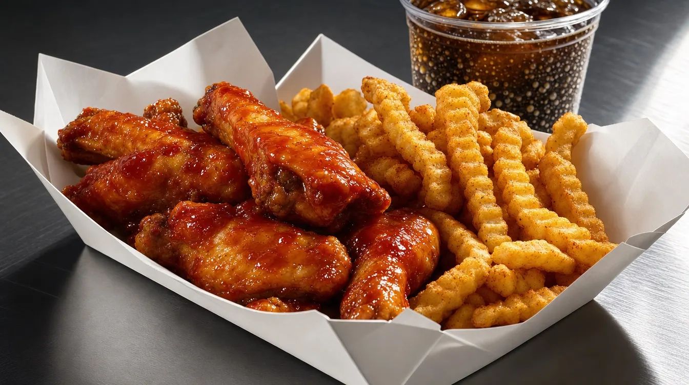 Sauced bone-in wings and crinkle fries loaded in a paper boat on a steel counter, a fountain drink behind them