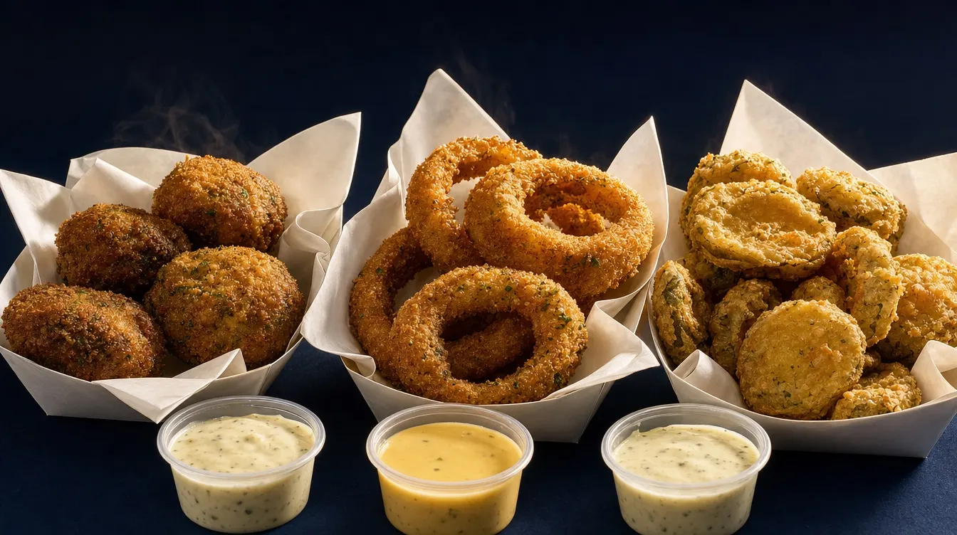 Breaded mushrooms, onion rings and fried pickles in three paper boats with three dip cups, against deep navy