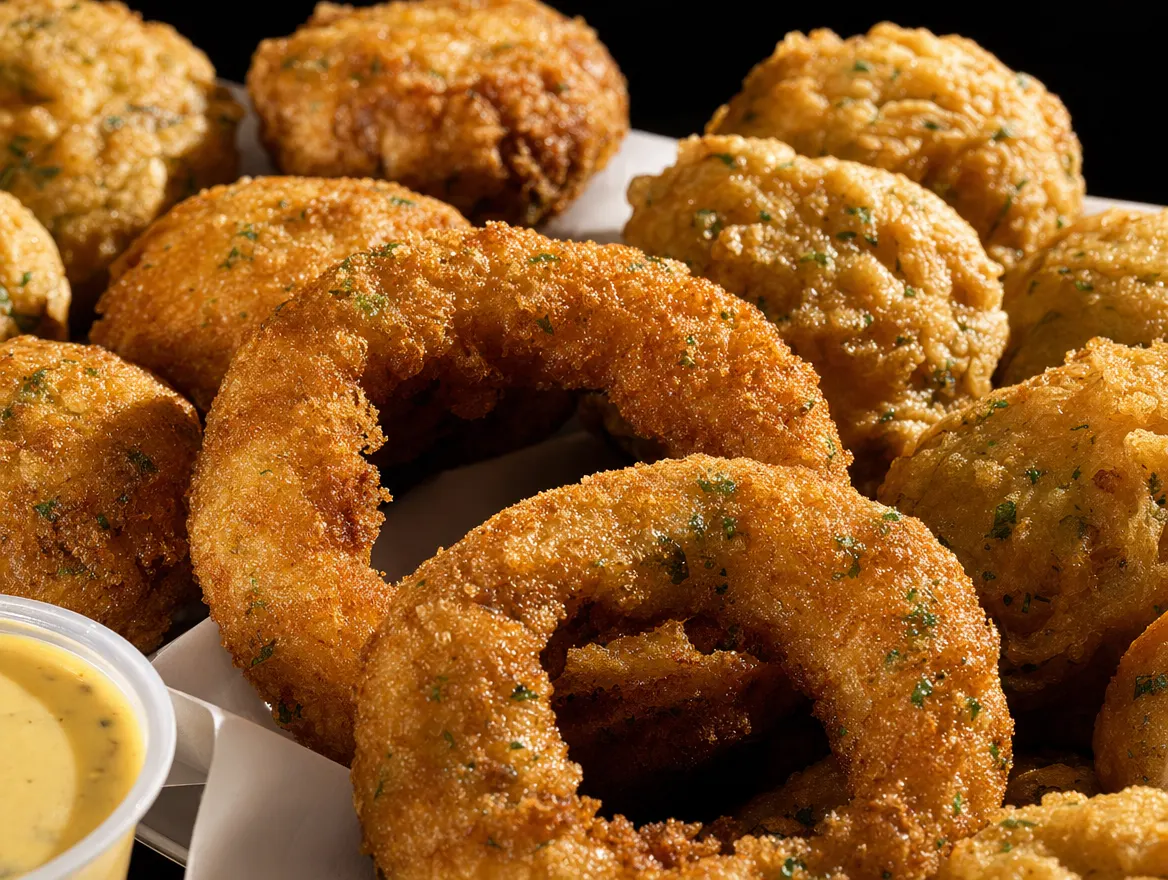 A close-up of breaded mushrooms, onion rings and fried pickles packed together beside a dip cup, against near-black