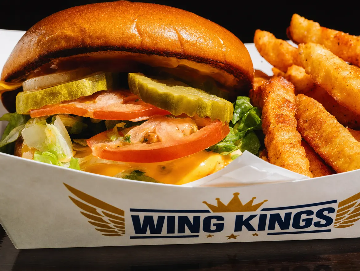 The WK burger with crinkle fries in a Wing Kings paper boat, shot low against near-black
