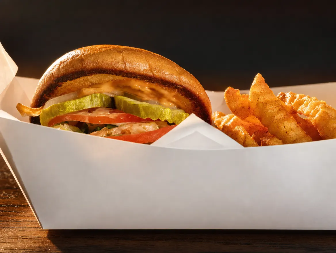 The WK burger with crinkle fries in a plain paper boat on dark wood