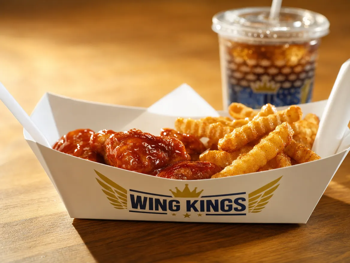 Sauced bone-in wings and crinkle fries in a Wing Kings paper boat on warm oak, a fountain drink behind them