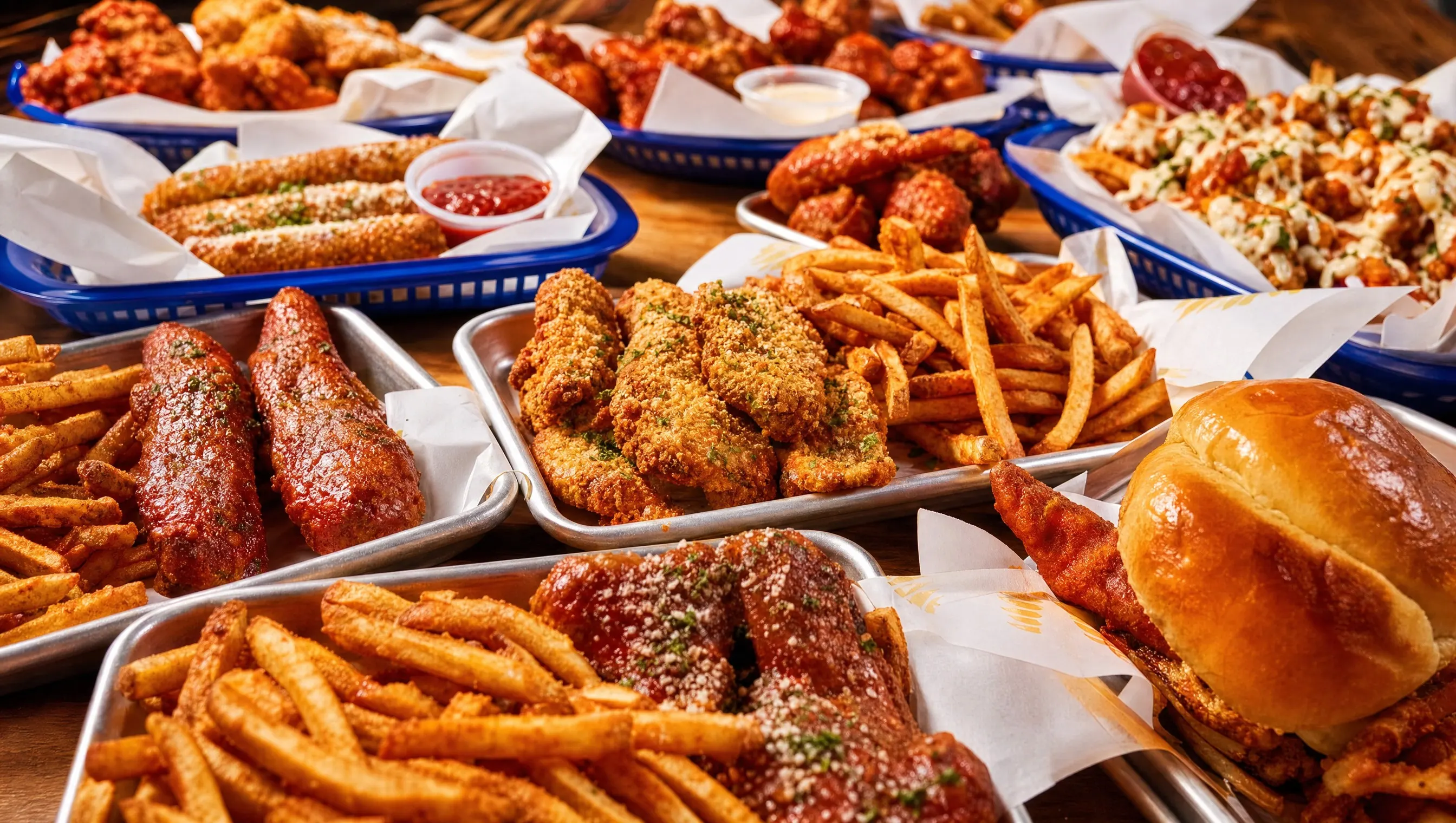 A Wing Kings group order filling a long wood table: buffalo boneless, wings, mozzarella sticks with marinara, breaded tenders, seasoned fries and a chicken slider
