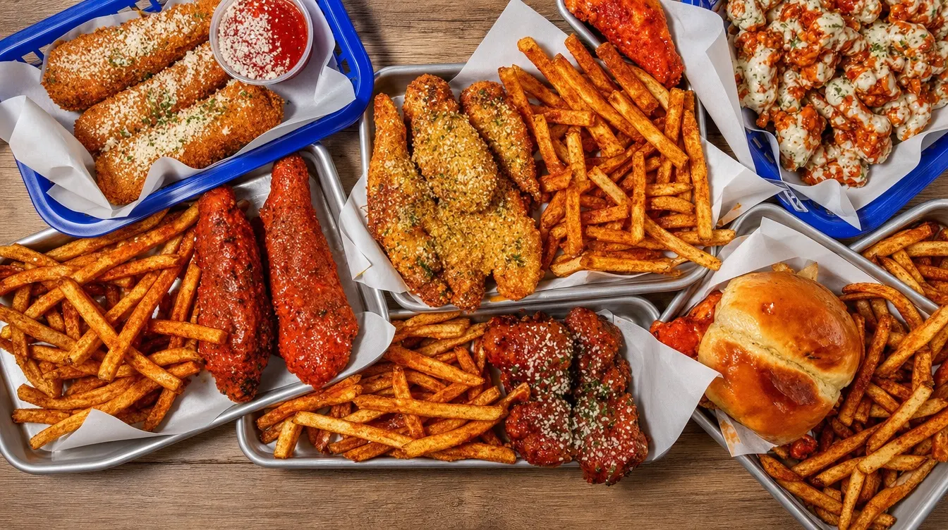 Steel trays and baskets of tenders, wings, sauced boneless, mozzarella sticks and fries, filling a wood table edge to edge