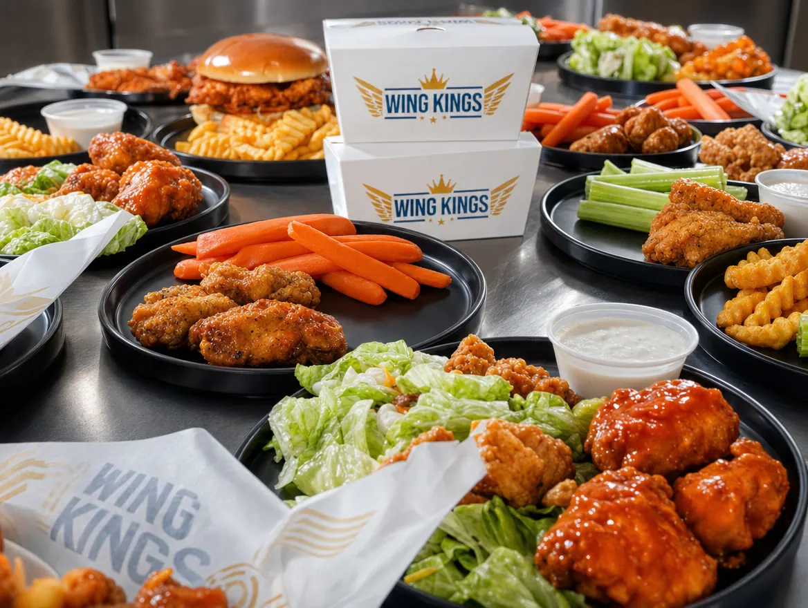 A party-pack spread of wings, boneless, veggie sticks and dips crowding a steel table, shot low so the plates recede