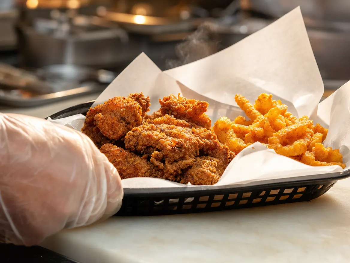 A gloved hand setting down a basket of freshly fried chicken and seasoned crinkle fries on the kitchen line