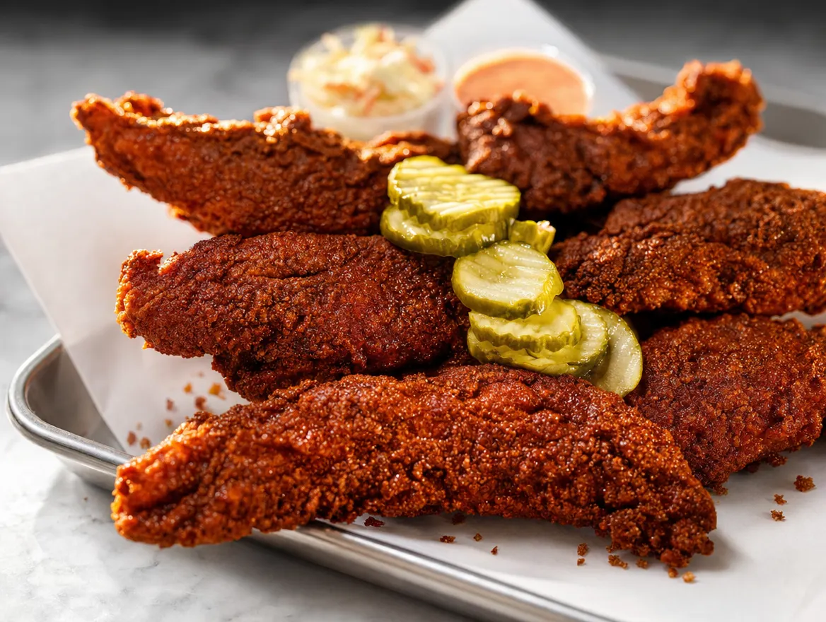 Nashville hot tenders with pickles, slaw and a dip cup on a steel tray, on white marble