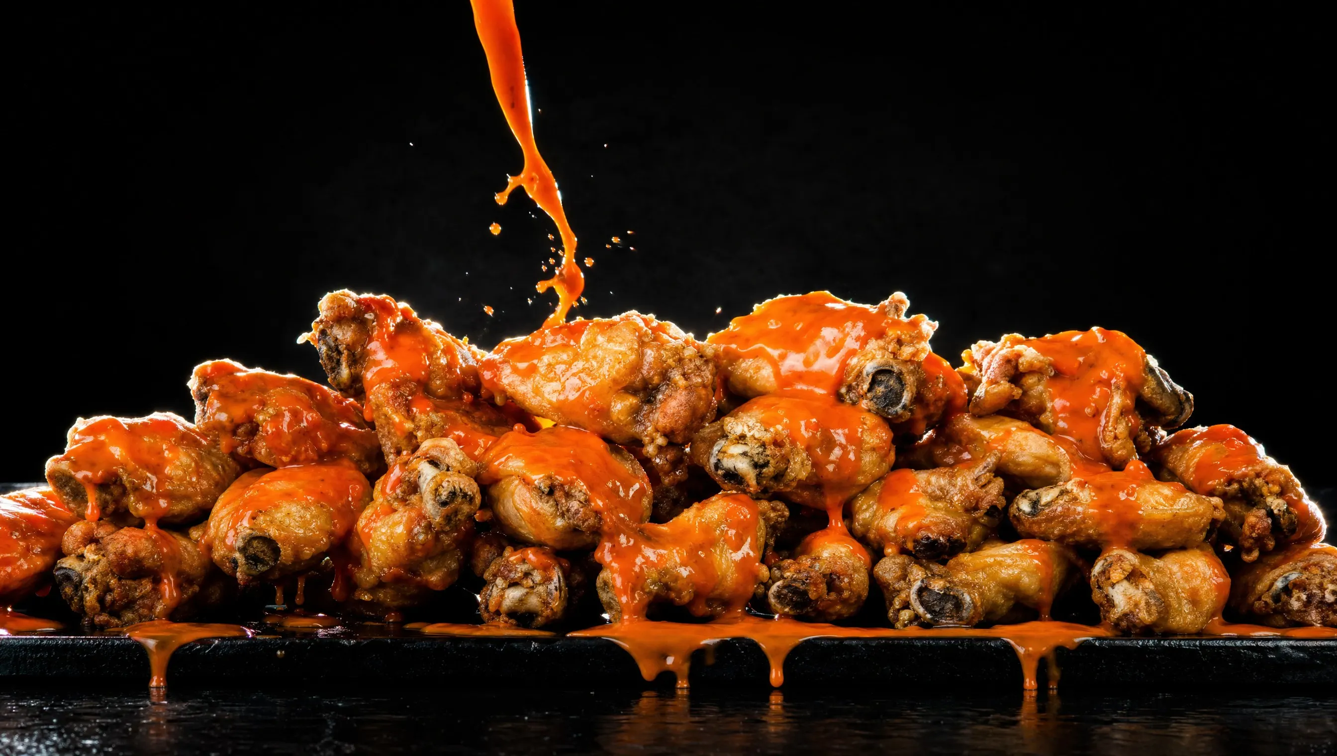 A wide pile of bone-in wings on black slate under a heavy pour of buffalo sauce, the sauce dripping off the edge