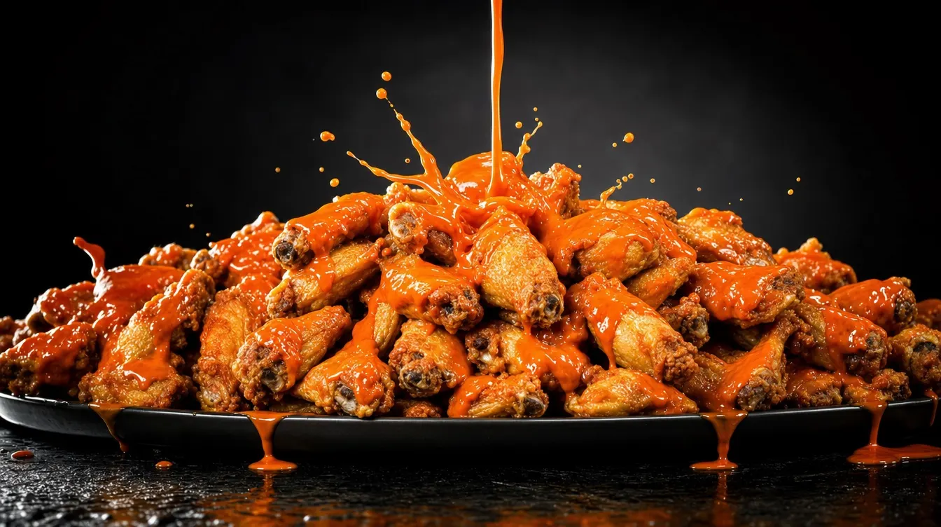 A heaped platter of bone-in wings under a pour of buffalo sauce, sauce dripping off the rim, lit hard against black