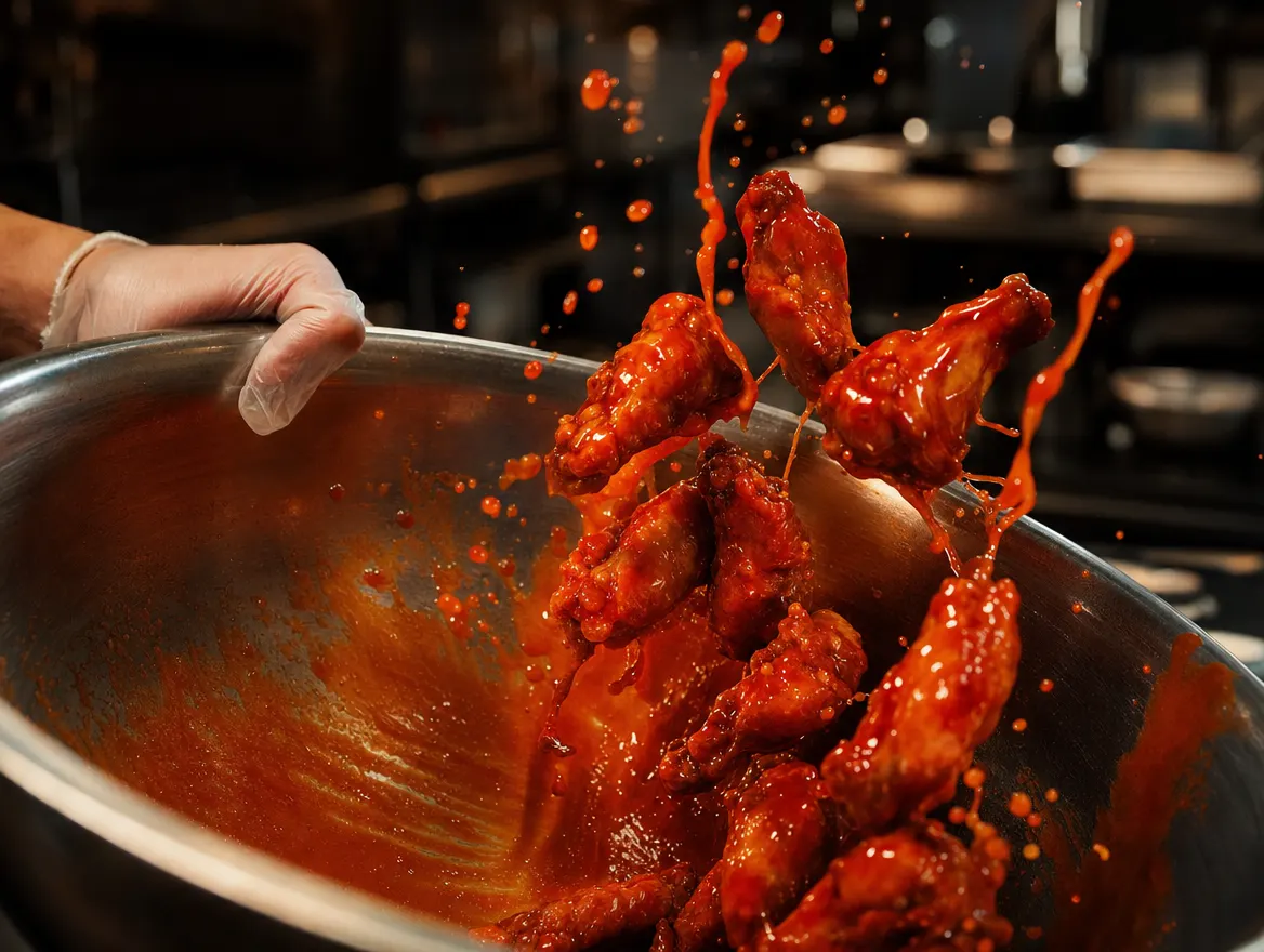 A gloved hand tilting a steel mixing bowl of bone-in wings coated in buffalo sauce, in the kitchen