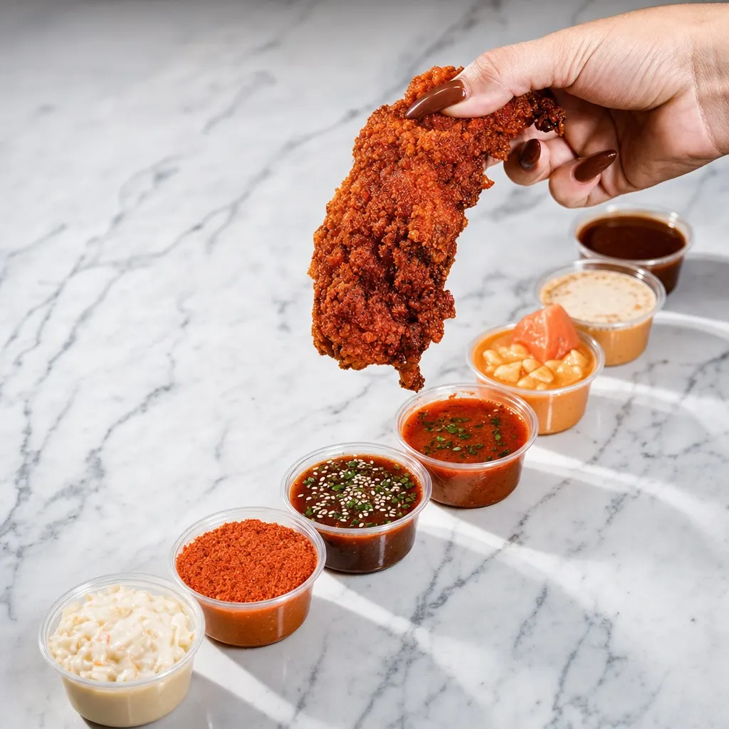 A hand holding a Nashville hot tender above a curving row of dip cups on white marble