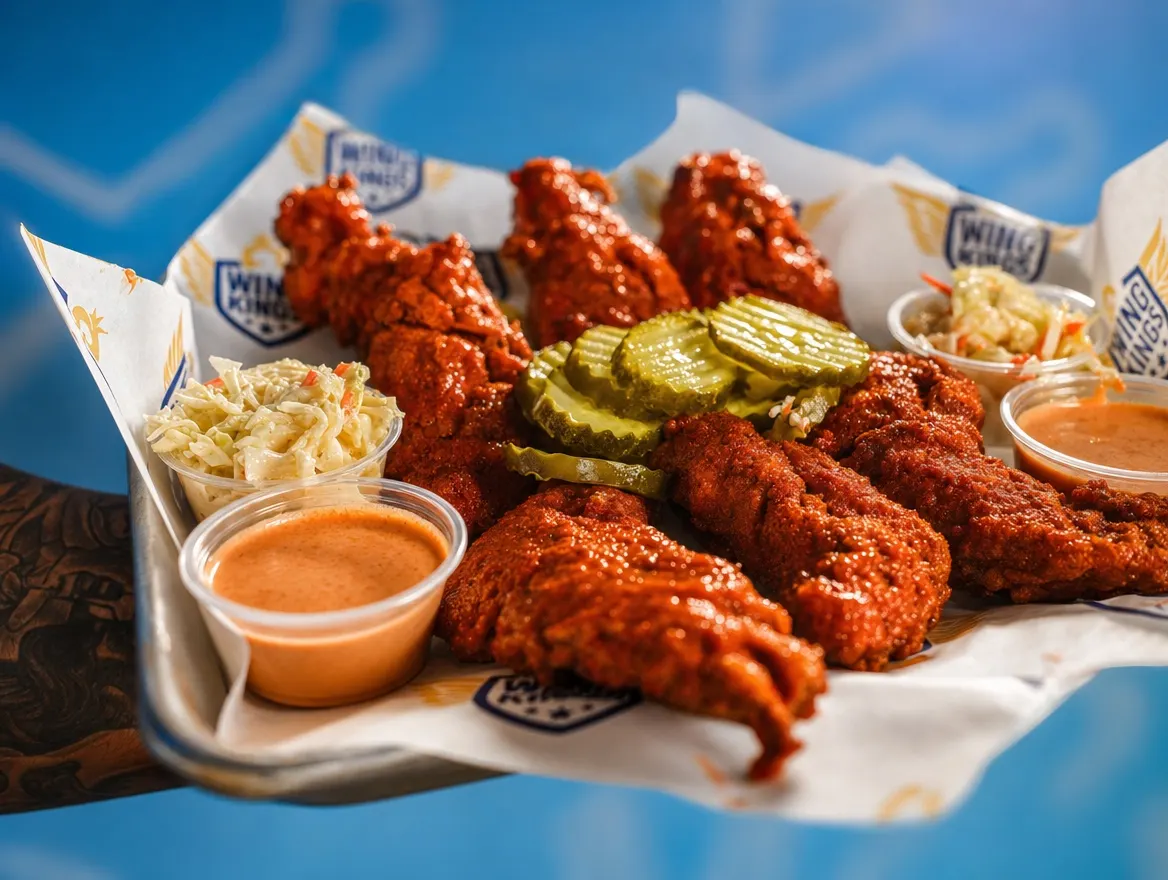A tattooed forearm holding out a steel tray of Nashville tenders with slaw, pickles and dip cups, against the white-crown-painted blue wall of a Wing Kings dining room