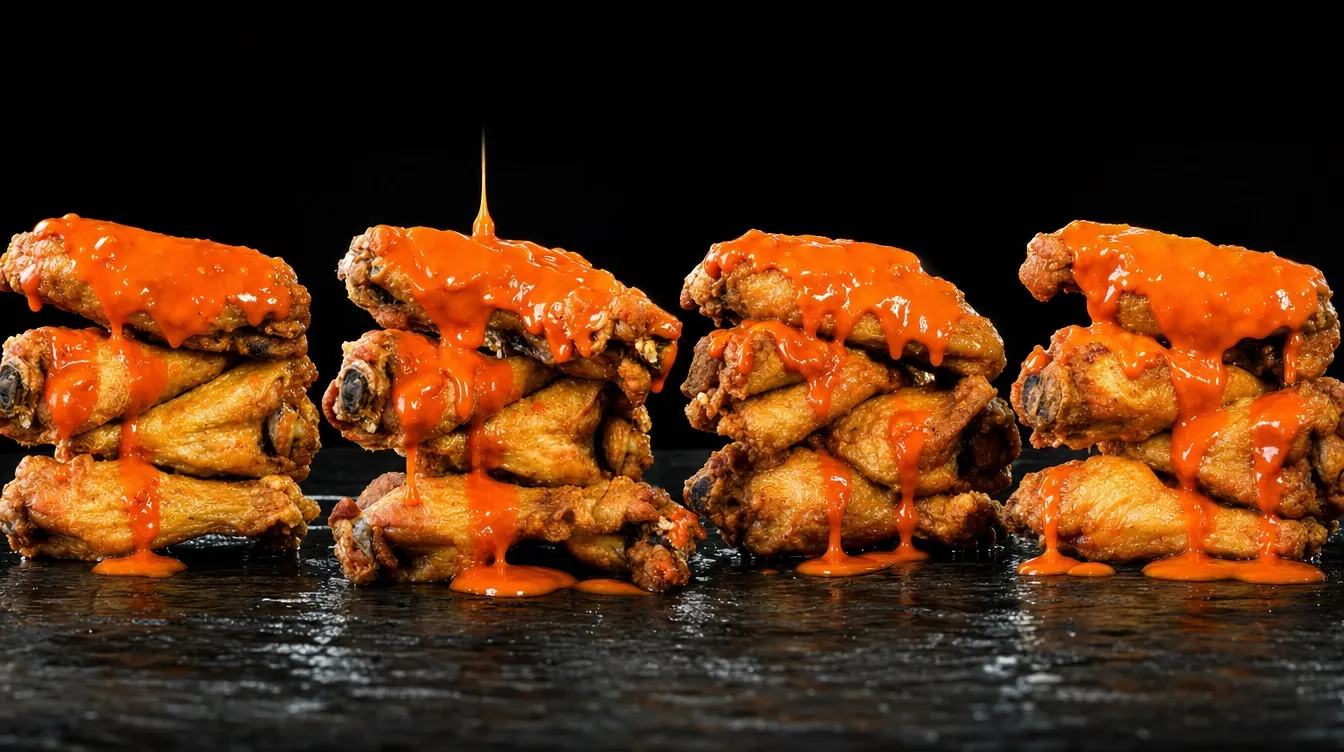Four stacks of bone-in wings in a row under pours of buffalo sauce, dripping onto wet black slate