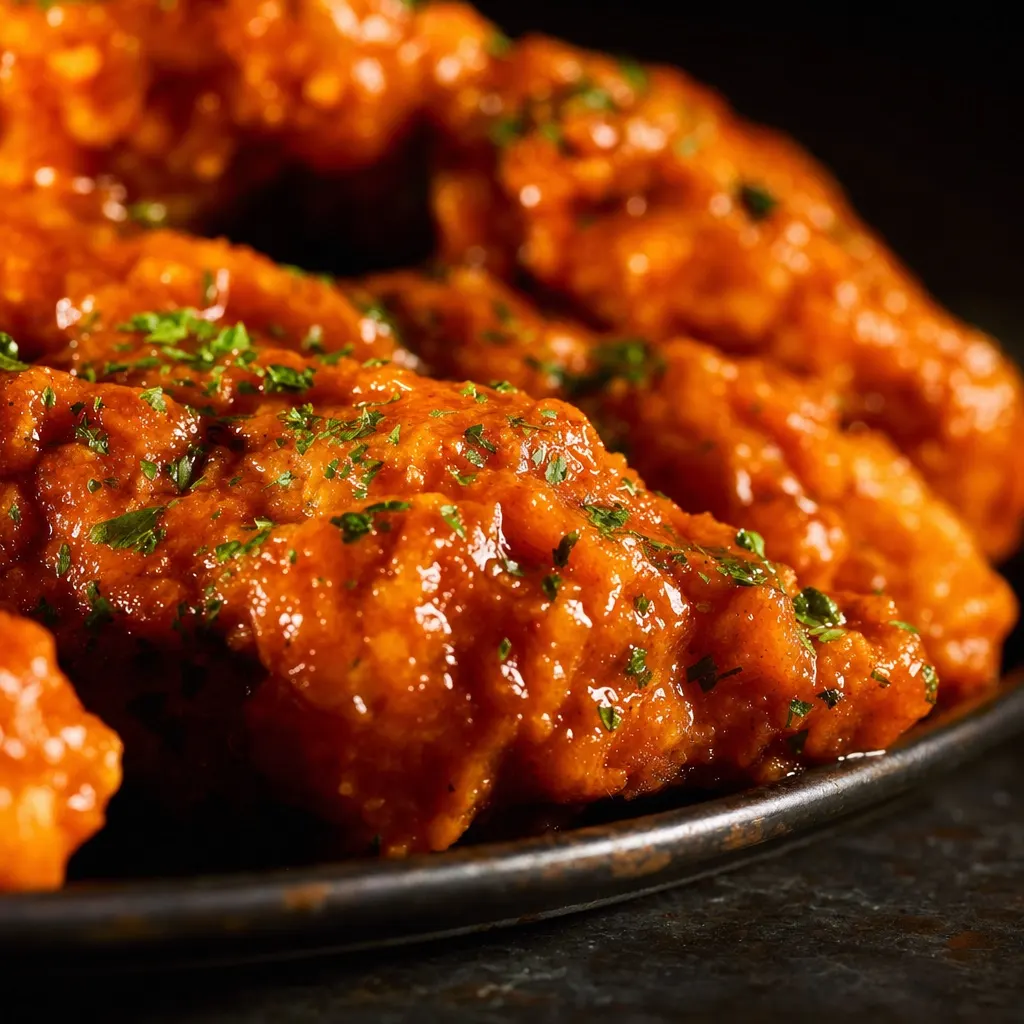 A close-up of boneless wings in a steel tray, heavy with buffalo sauce and herb flecks